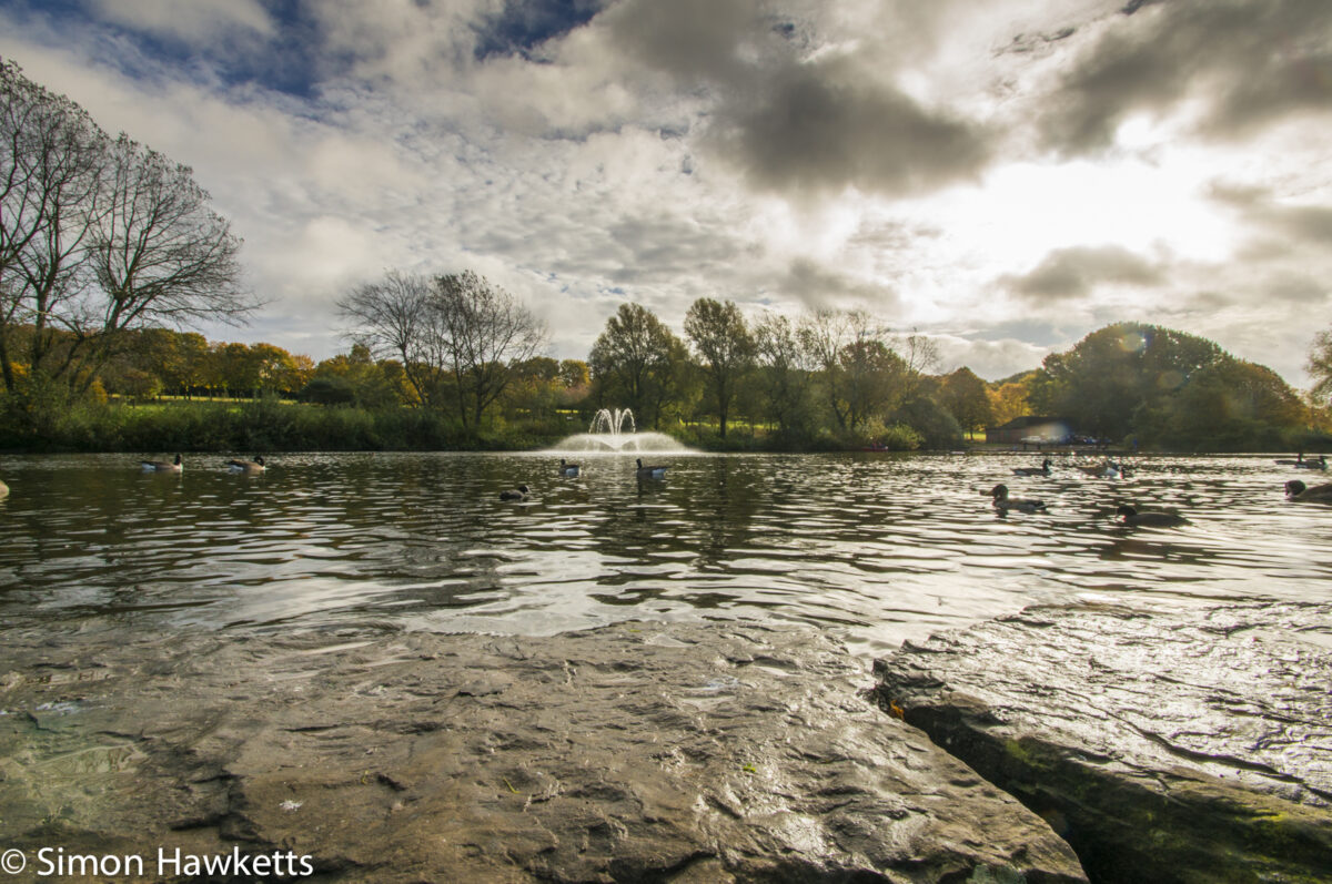 Tamron 10-24 wide angle sample pictures - Fountain in the lake in Fairlands Valley Park Stevenage