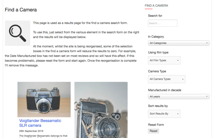 A screen shot of the 'find a camera' dedicated search form