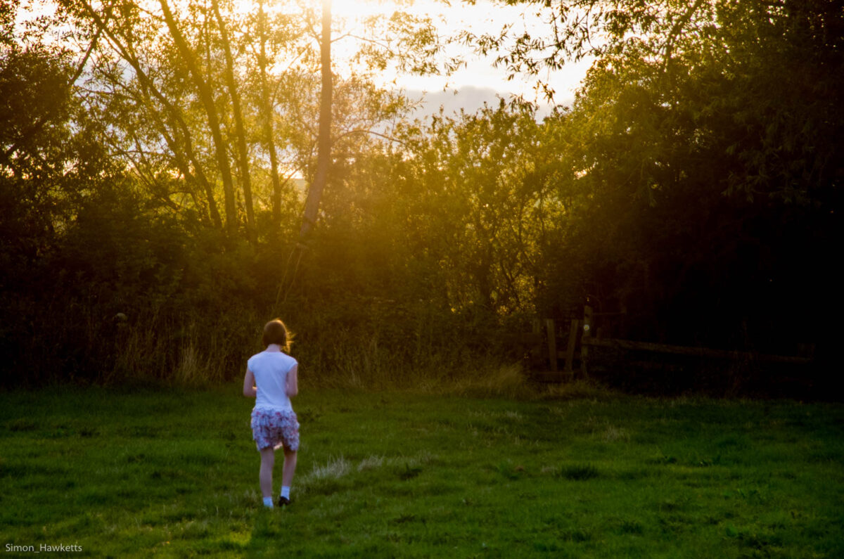 A small girl walks towards a hedge in the sunshine