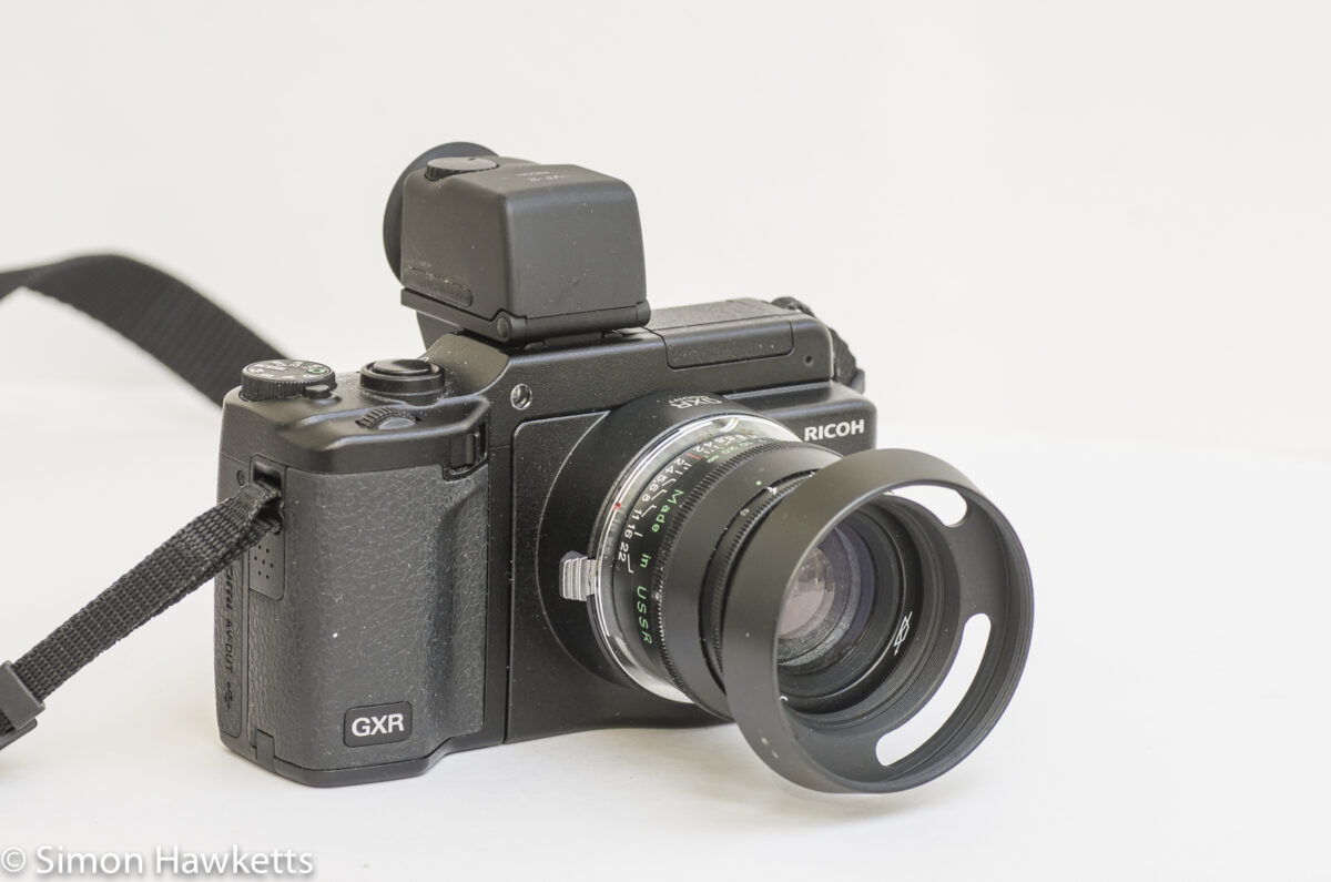 Ricoh GXR viewfinder vf-2 - viewfinder fitted to GXR with Leica mount and Jupiter 8 lens front view