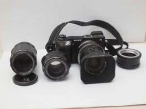 A Sony Nex 6 mirrorless camera with Takumar prime lenses