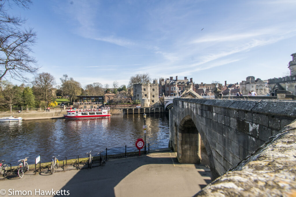 Where the City wall in York joins the bridge