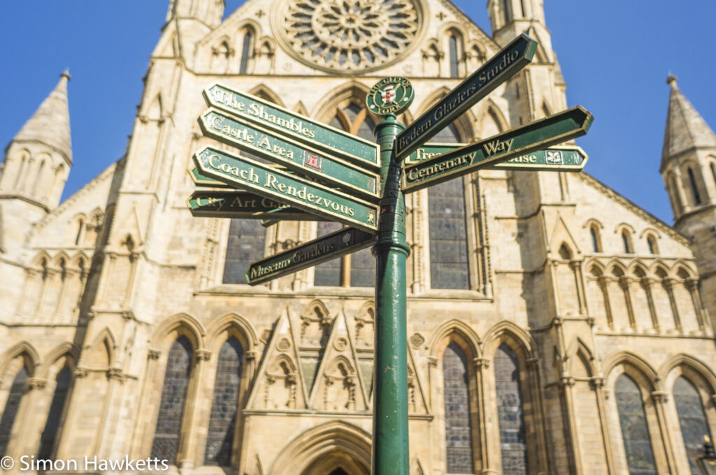 A signpost in the square outside York Minster