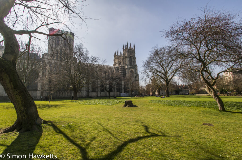 The green behind York Minster with a view of the main tower
