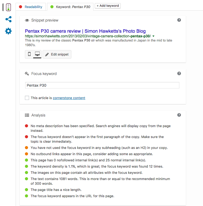 Trying to improve SEO ratings 5 Yoast SEO analysis