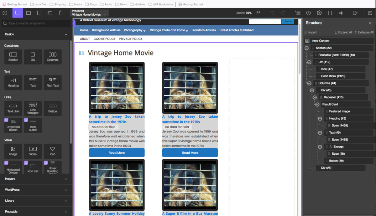 A screen shot of an Oxygen Builder session desiging a template