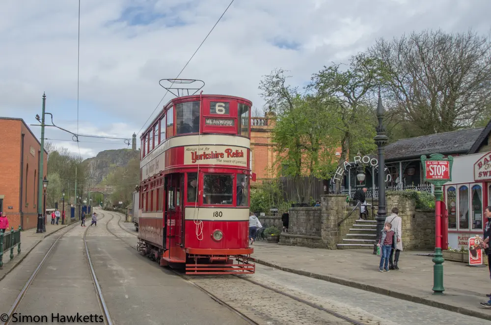 Crich tramway museum - tram arriving at pickup point