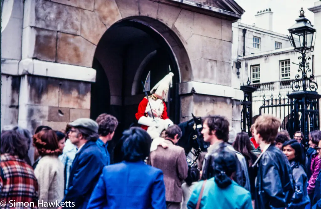 Central London pictures c1980 11 Olympus OM-20 pictures - A guard at Buckingham Palace on colour negative film taken about 1980