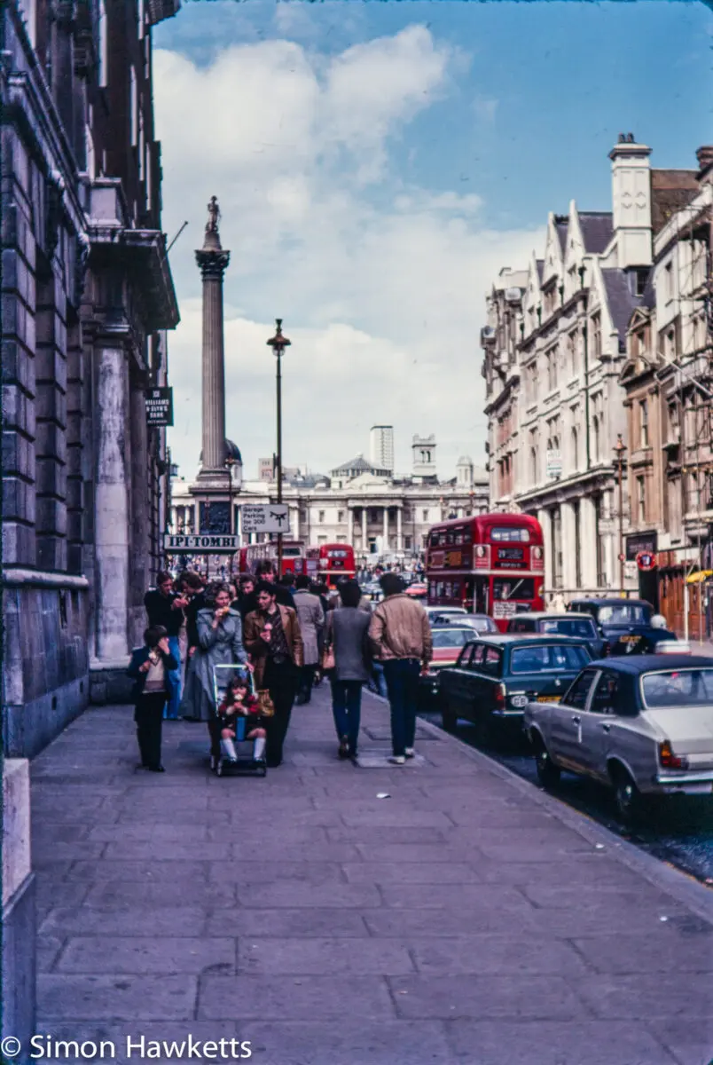 Central London pictures c1980 1 Olympus OM-20 pictures - London street with Nelson's column in the distance on colour negative film taken about 1980