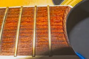 A picture of rusty and dirty frets on a guitar