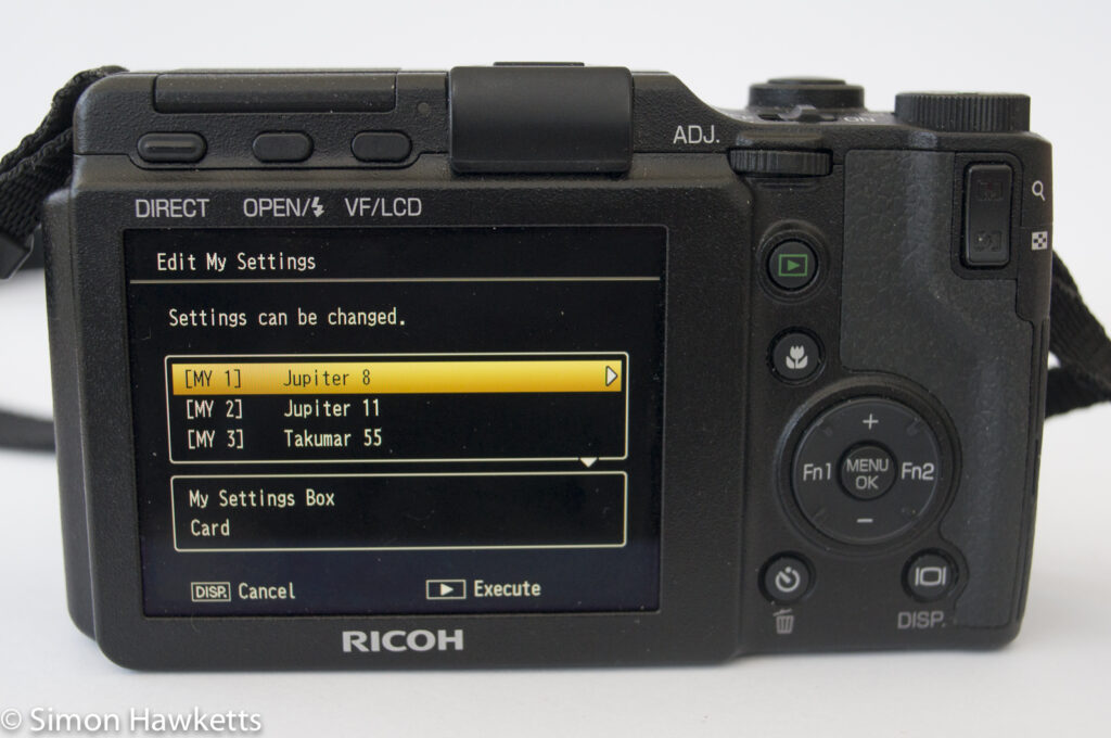ricoh gxr showing menu settings for individual lenses