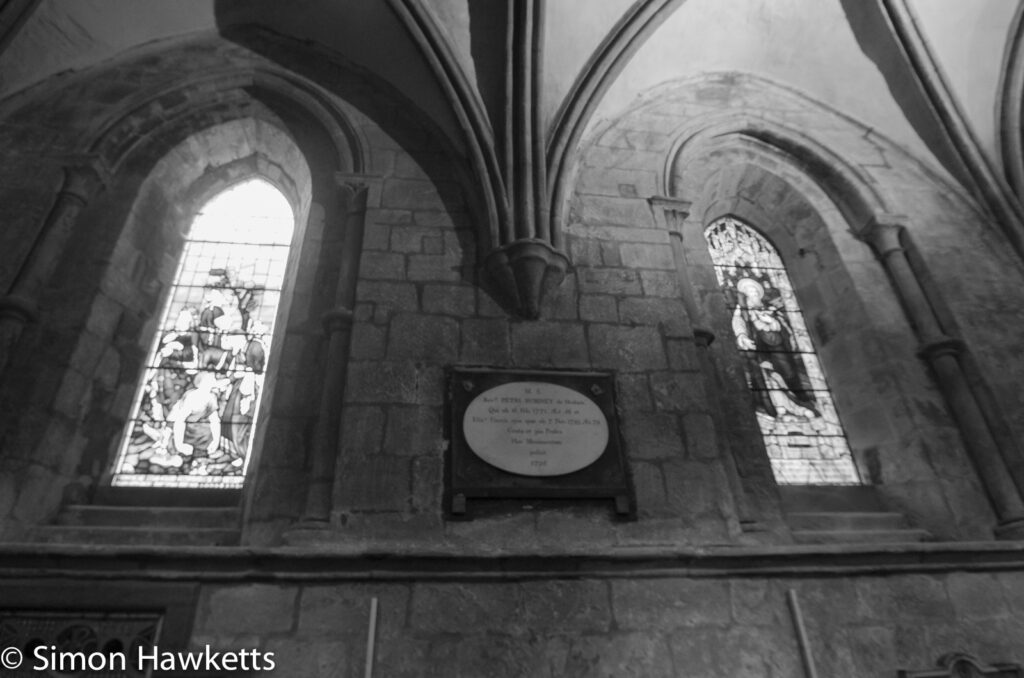 Some black & white pictures taken in Hexham Abbey - Windows and Plaque