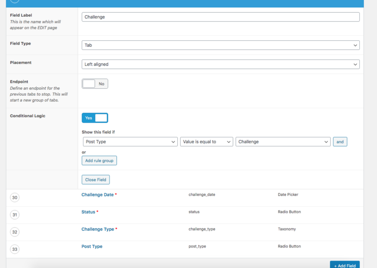 An Advanced Custom Fields form showing the Conditional Logic selector